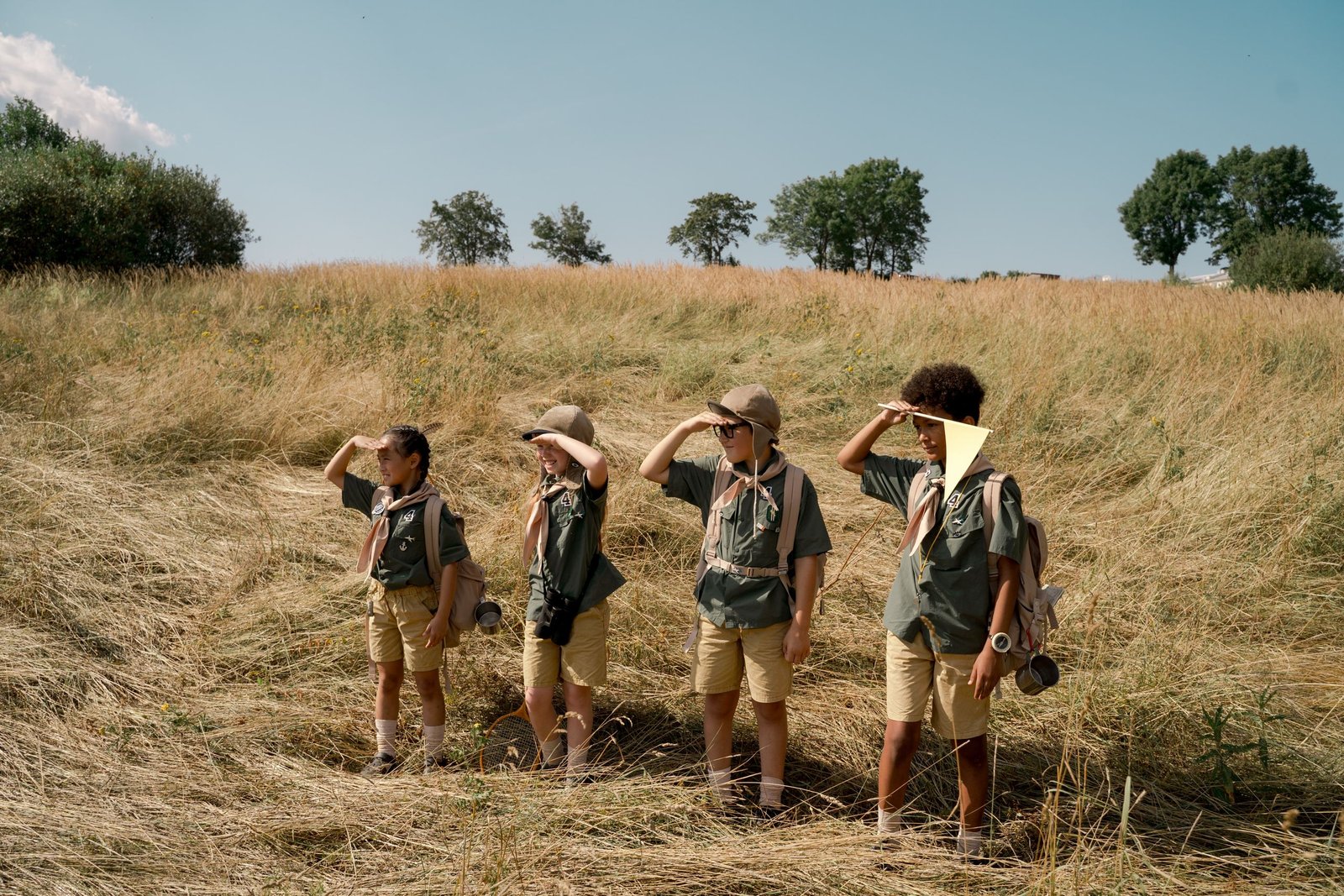 A group of children in scout uniforms exploring a sunny field on a summer day.